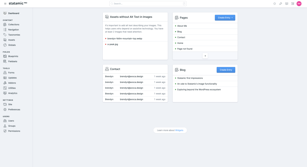 Statamic's Dashboard is clean and easy to understand.