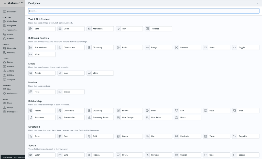 Statamic has a big array of field types.